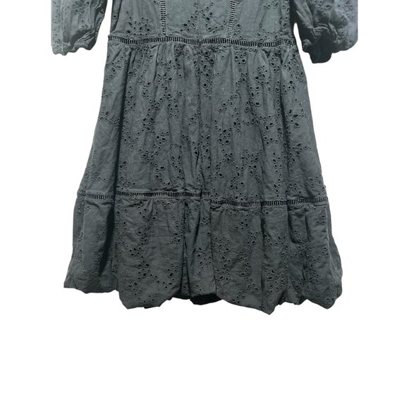 Beulah Eyelet bubble Hem Mini Dress fit flare Medium Black Puff Sleeves Romantic - Picture 10 of 16
